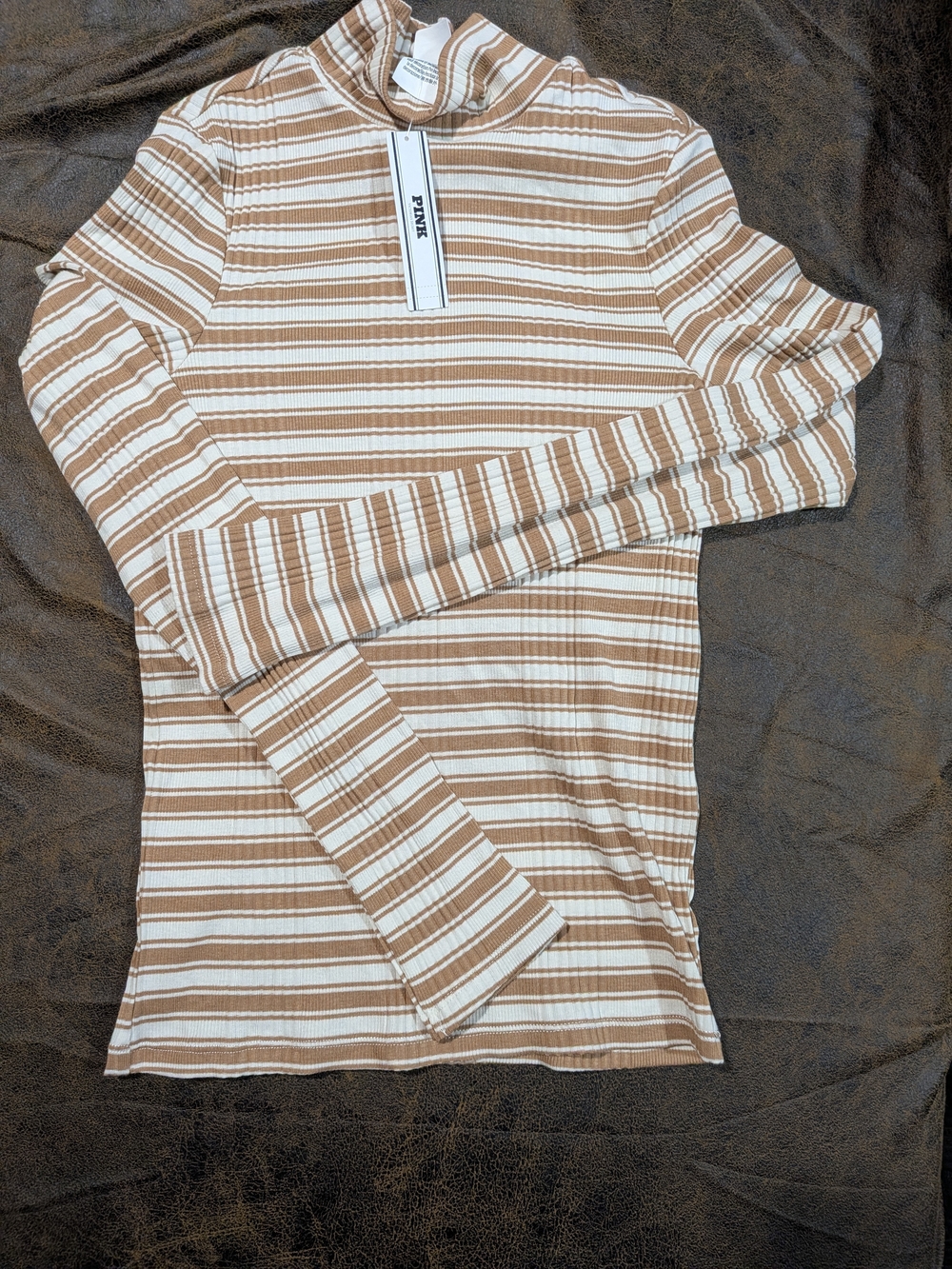 PINK Victoria's Secret Striped Mock Neck Long Sleeve Top — Cream & Tan